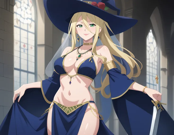 score_9, score_8_up, score_7_up, intricate details, source_anime, intricate details, highly detailed background, perfect lightingbest quality, sheilaMajonoTabitabi,  witch, witch hat, jewelry, blonde hair, ponytail, hair between eyes, long hair, sidelocks,...