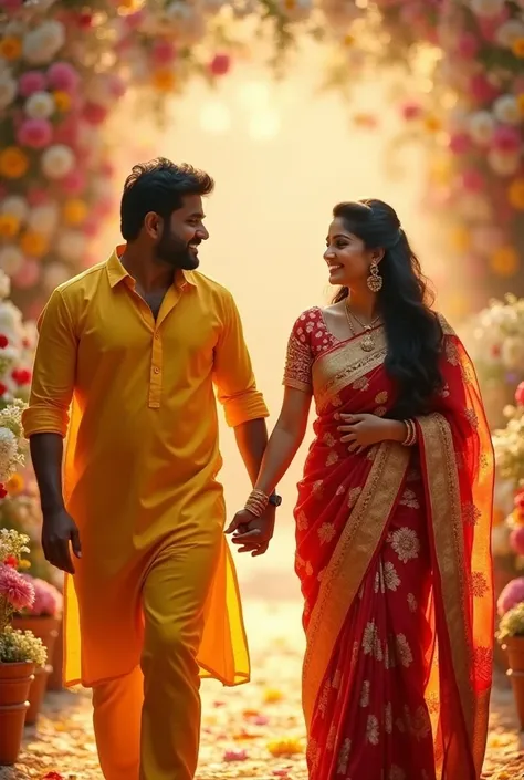 I want images of Suriya and Pooja Hegde walking down the aisle hand in hand. In this, Suriya will be seen in a yellow dress with a matching Pooja Hegde saree