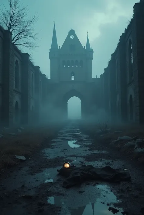 The ruins of a cursed palace at dawn, surrounded by mist. On the ground lie charred pieces of clothing and a discarded flashlight. The palace looms ominously in the background, with an eerie stillness and whispers of ghostly voices in the air."

Each of th...