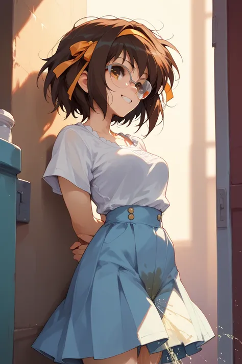 masterpiece, highest quality, Messy Hair, White clothes, Glasses,arms behind back,focus face,smile,suzumiya haruhi,peeing,