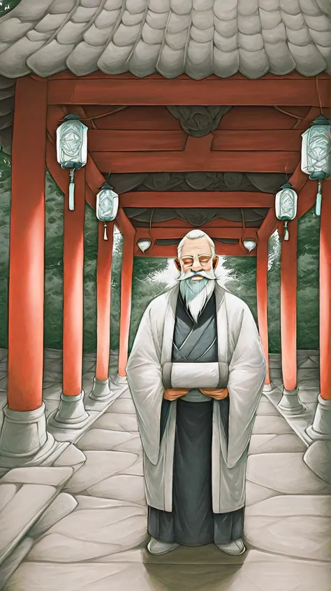 Create an anime-style illustration featuring Confucius teaching his students in a serene and traditional Chinese setting. Confucius is depicted as an elderly man with a long, flowing white beard and dressed in elegant traditional Chinese robes. He is stand...