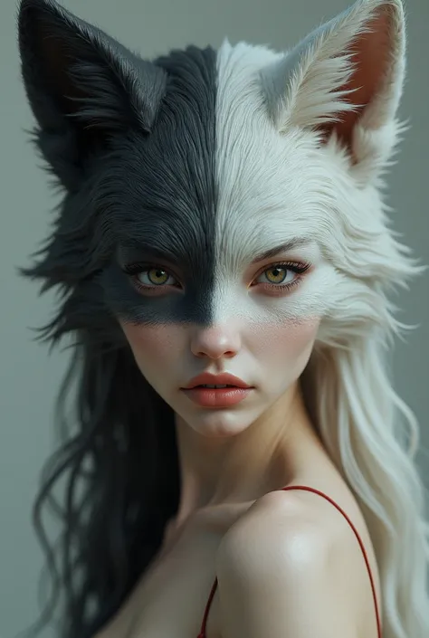 Portrait of a beautiful simétrico half-human woman, half wolf