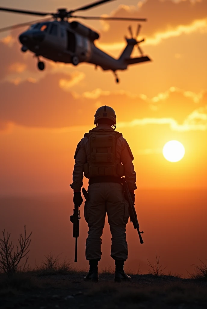 A class standing on a hill with guns in hand with the sunrise behind a helicopter A class standing on a hill with guns in hand with the sunrise behind a helicopter or fighter jet is a strange sight. fighter jet is a strange sight.