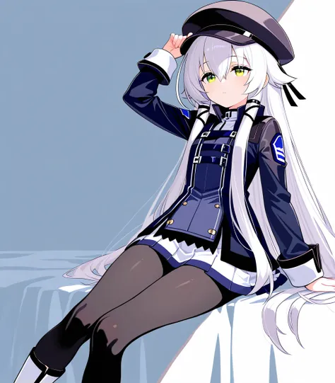 best quality,masterpiece,very aesthetic,absurdres,8k,1girl, 
Altina Orion, white hair, long hair, sidelocks, tress ribbon, green eyes, flat chest, black hat, cabbie hat, blue shirt, school uniform, skirt, black pantyhose, white boots,