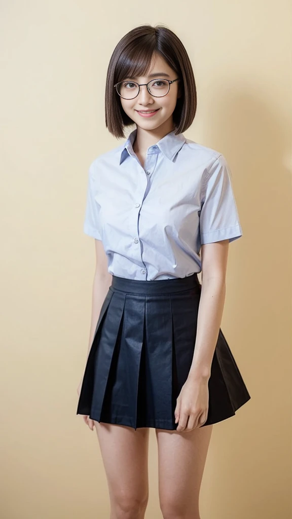 ( top quality :1.5), ( real:1.4), ( Ultra Fine:1.4), (1girl), (18-years-old girl), (normal body), (normal size breasts), ( shirt), ( skirt ), (normal height), (bangs), ( bob cut), (Glasses), (smile), (girl with glasses is standing front the plain backgroun...