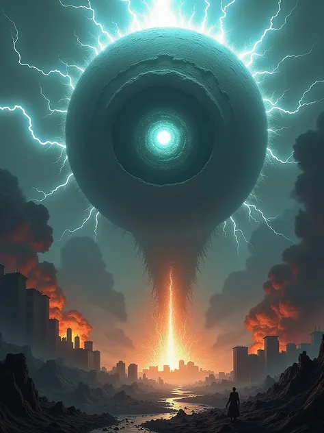 Eye of Cthulhu，Covered with lightning， terrifying solar eclipse full of lightning，Earth burning，City Destruction