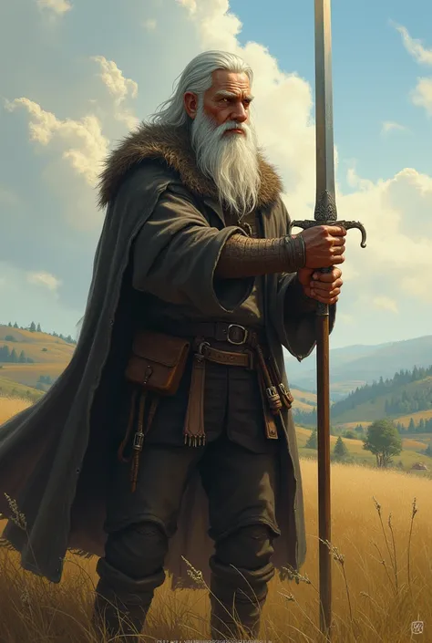 Geralt from Rivia as a very very old grandpa with sword as a grace