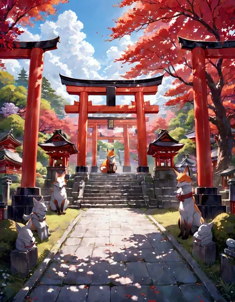 scenery, Japanese Shrine, Torii gate and stairs, Two fox statues are placed facing each other in front of the Torii gate, fox, Fantasy atmosphere