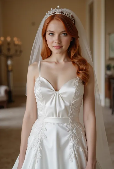 Ultra realistic Picture of a upper body of a beautyful young red haired Bride with a white metallic satin Princess Weddingdress with straps and pattern and a bridal veil with diadem. The Bride stands in the Lobby and is ready for the wedding. 