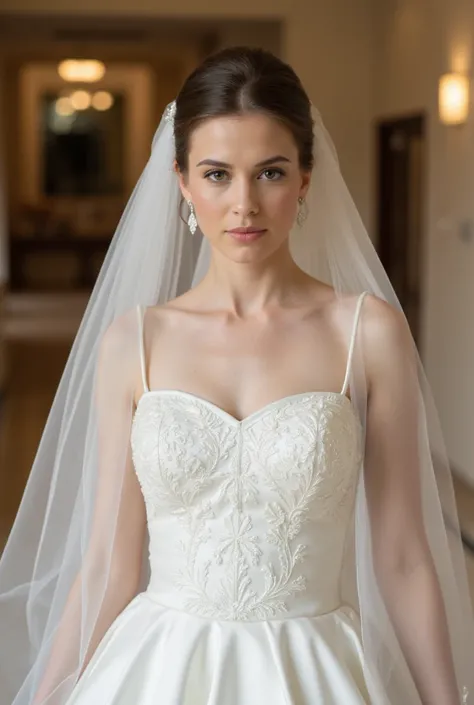 Ultra realistic Picture of a upper body of a beautyful young brunette Bride with a white metallic satin Princess Weddingdress with straps and pattern and a bridal veil. The Bride stands in the Lobby and is ready for the wedding. 