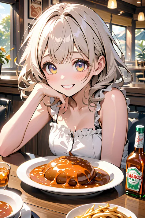 solo girl, put a lot of tabasco on your food, grin, nose blush, family restaurant, seated at table, shiny skin, big eyes, beautiful fingers, (masterpiece, ultra detailed, top quality), anime.