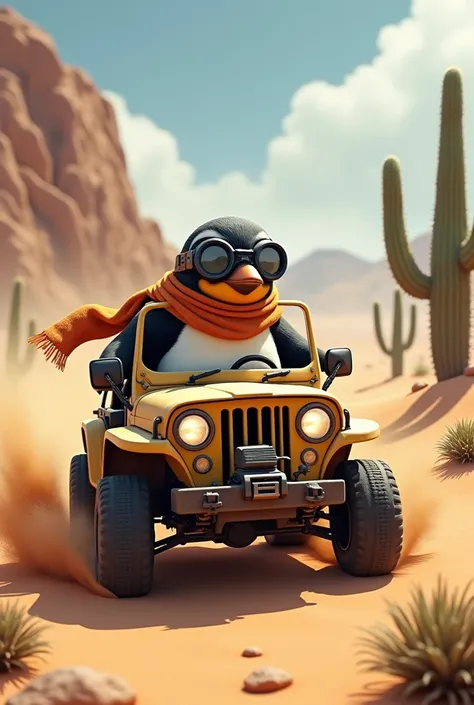 A penguin driving a jeep through a desert, wearing goggles and a scarf, with sand dunes and cacti in the background.

