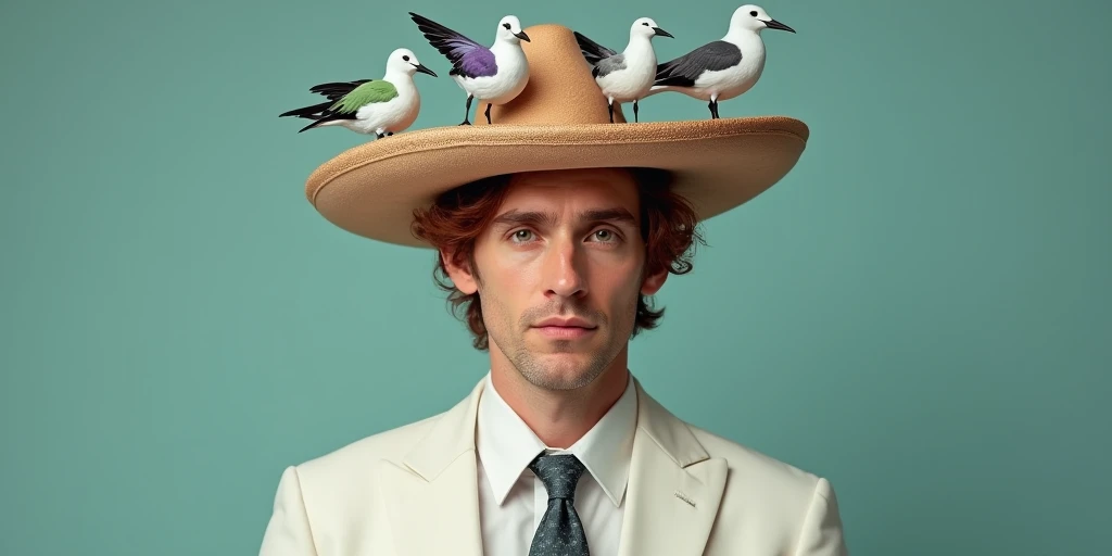  Realistic photo 35-year-old Italian futurist fair-haired man , rossi e bianchi corti,  fair skin , occhi marroni,  wears a hat shaped like a chestnut but decorated with purple seagulls, blue and green .  He wears a white suit 