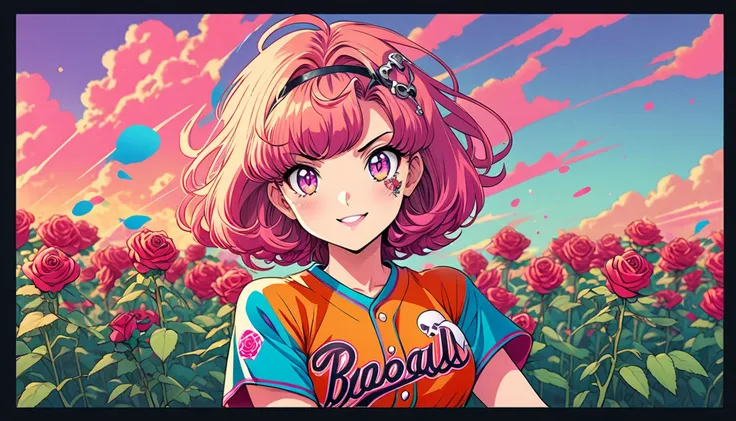 Create an anime-style illustration that captures the playful baseball aesthetic of a woman with striking semi-short hair dyed in vibrant colorful colors.
The female character wears a flashy baseball uniform, with her chest adorned with various accessories ...