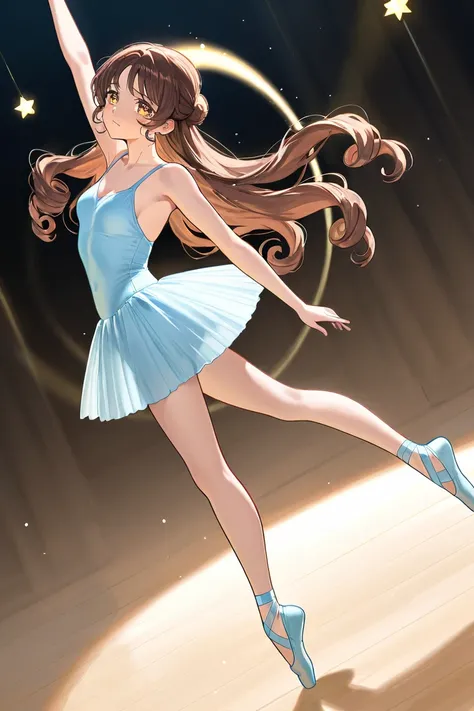 A woman that is a ballerina. She has long curly brown haired with shinny golden eyes holding light blue ballet slippers. There is magic flowing and stars surrounding her. She is sad but crying