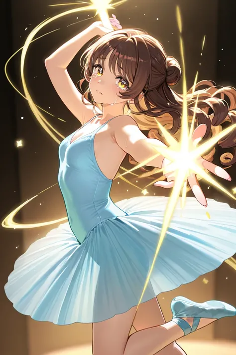 A woman that is a ballerina. She has long curly brown haired with shinny golden eyes holding light blue ballet slippers. There is magic flowing and stars surrounding her. She is sad but crying