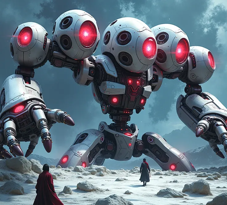 A giant, floating disembodied three-headed sentinel robot with red eyes, floating robot head