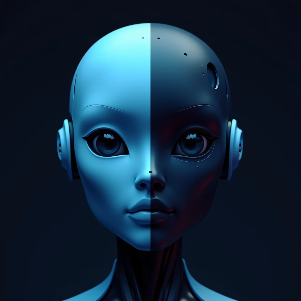 attractive robot face. gender-less, sky blue on left and dark blue on right, innovative 2.5D, looking front, dark background