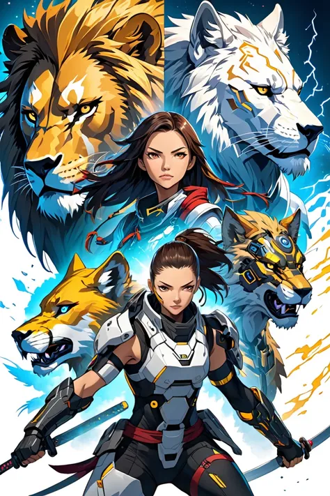 Two characters, Nexus and Cortex, are cyborg ninjas, humanoid animals, one is a lion that can, and the other is a wolf, One is an older man who is a lion, and the other is a young woman who is a wolf. 