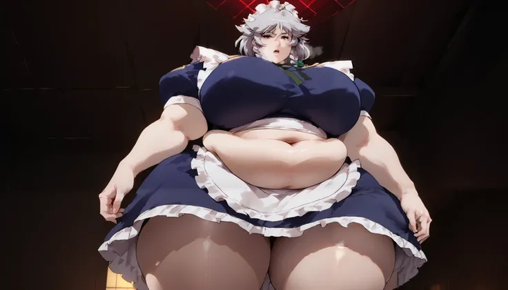 masterpiece、 best quality， very sophisticated、 pantyhose ，（from below ：1.25），Sakuya izayoi，East，alone，Maid head dress、Maid，apron，Short sleeve， dress, Gray Hair, chubby, obese, gigantic arms and legs, large breasts open mouth, out of breath, sexy pose to th...