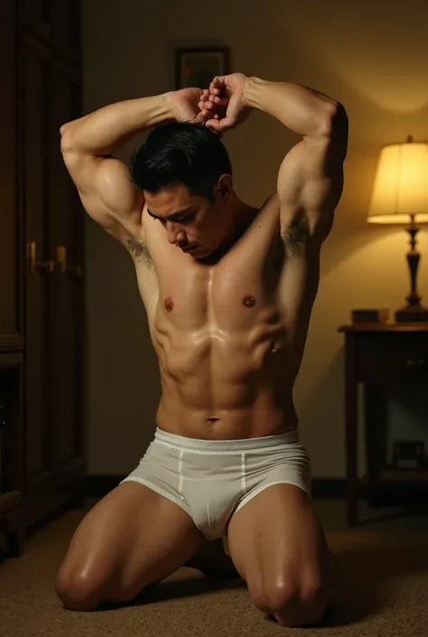 40 year old shirtless bulky Korean man with a military haircut, kneeling in in a brown carpet floor, soaked from sweat wearing only translucent type white cotton boxer shorts. His hands is held upwards with his nape showing his hairy armpits. The backdrop ...