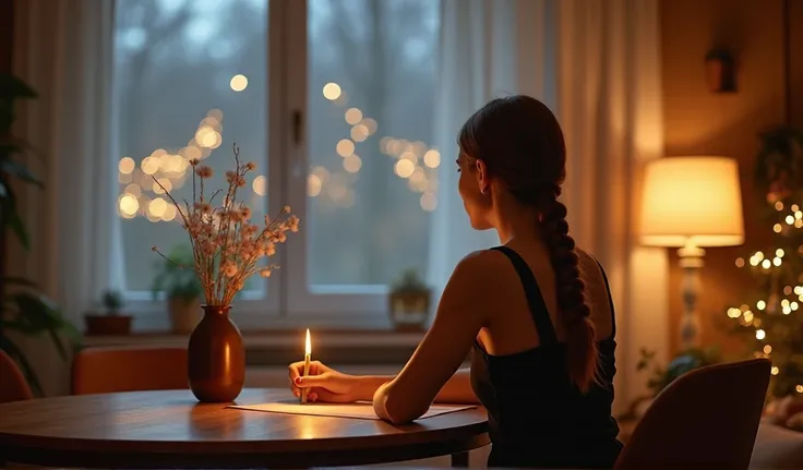 Russian woman with a brown braid in a modern dress sits at a table in a modern apartment and writes on paper with a pen, she dreams of a trip to Bali, on the night before the new year the apartment is decorated in New Years style, rear view, high realism