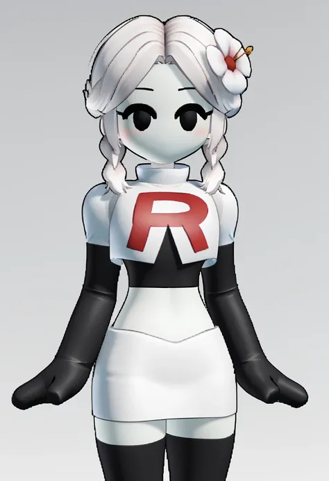 (score_9,score_8_up,score_7_up), source_anime, 3d, roblox, solid cirle eyes, black eyes, no mouth, 1girl, solo, blush,  hair ornament, white hair, braid, flower, white hair, hair flower, grey background, twin braids, colored skin, white skin, team rocket,t...