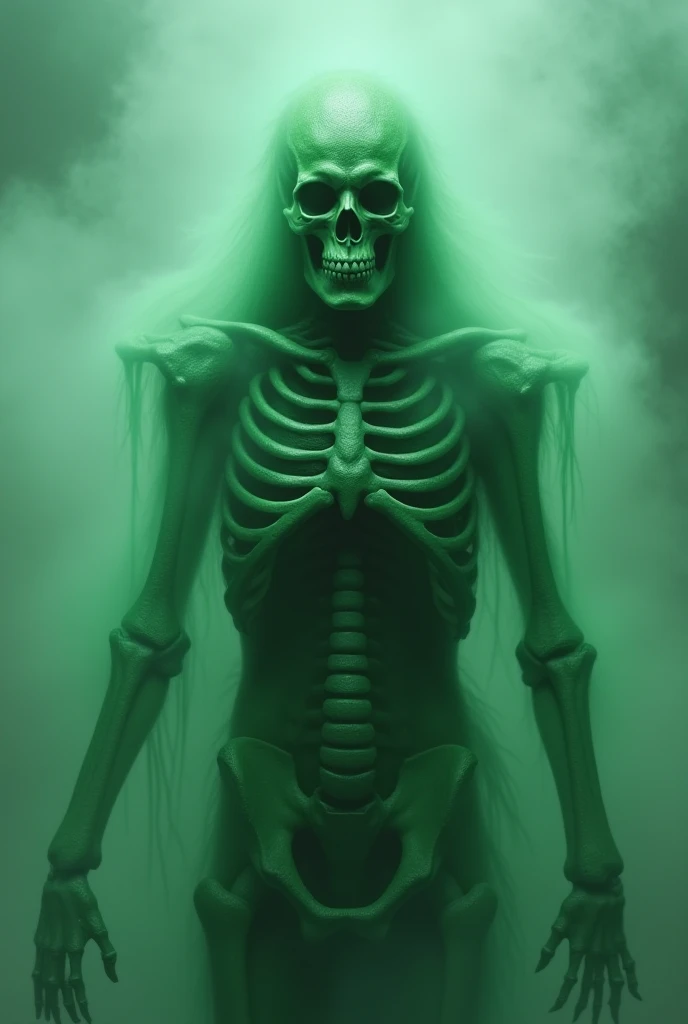 I WANT A DRAWING OF A OUTFIT WITH FOG AROUND HIS SHOULDERS LOOKS LIKE GHOST HIS BODY IS SKELETON COVERD WITH A GREEN BUG SUIT PHOTO MUST HE FROM HIS BACK SIDE 