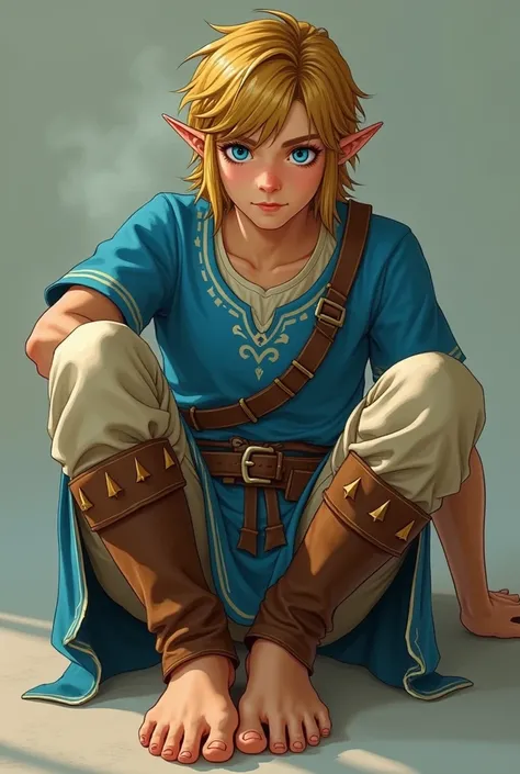 Линк из Zelda Breath of the Wild, detailed legs, foot fetiche , soles, toes,  pretty face, wrinkled soles, men&#39;s legs,  Smelly feet ,  smelly steam ,  blond hair  ,  beautiful blue eyes,  large penis shape under clothes,  sexy male character  .  master...