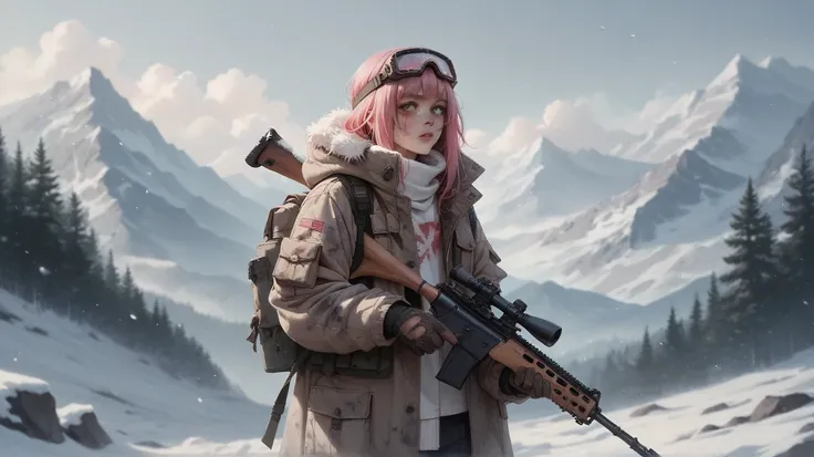 japanese girl. Pink hair with bangs. Dirty body. Bruises. Injuries. White Down jackets, in snowy mountains, rifle at the ready. goggles