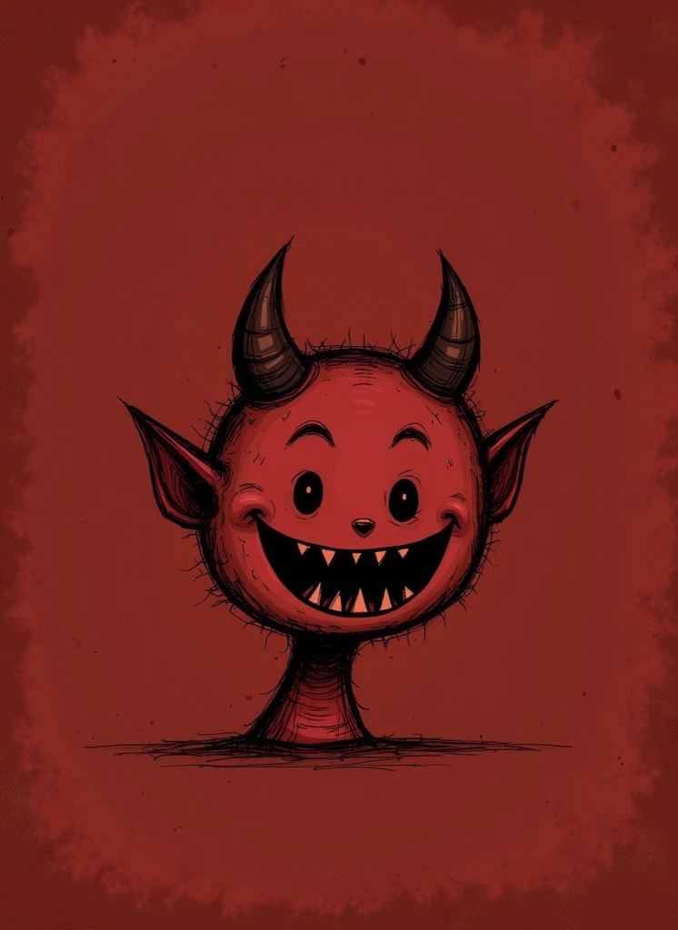 A simple, like drawing of a demon head.  The drawing is centered on a deep crimson or burgundy background. The demons head is depicted with two simple, slightly curved horns extending from the top of its head.  The eyes are large, simple circles, and the m...