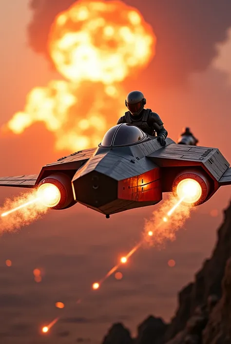 A close-up of the extraterrestrial being reveals a focused expression as they navigate the battlefield.

The jet sled maneuvers skillfully above the desert floor, dodging explosions and laser fire

With spectral icebergs With alien ghost ships over a lava ...