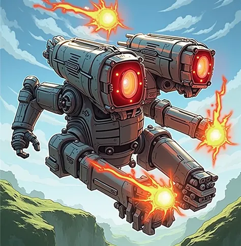 A giant, floating disembodied three-headed sentinel robot with red eyes