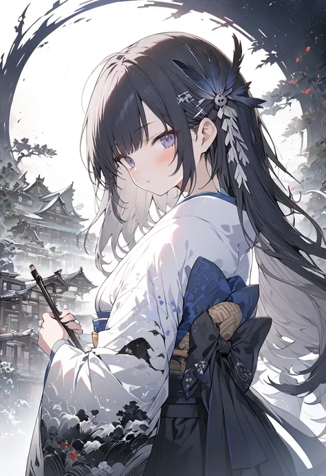  1 girl、 shortcuts、 multi colored hair(( left is white、Right is black ))、Feather hair ornament、kimono、 beautiful, Intricate ink painting style ,  dreamy and fantastic work conceptual art masterpiece ,  top quality ,  super detailed 