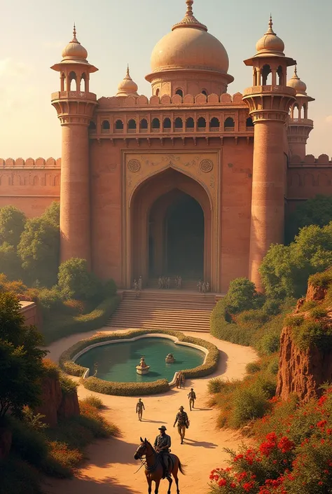 A fort in deep desert that is made in Rajasthani style fort covered by army and outside the fort has a beautiful garden 