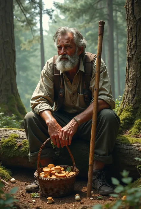  A 50-year-old man sitting on a fallen tree trunk,  in a pine forest .  Carrying a wicker basket full of mushrooms , a long cane 