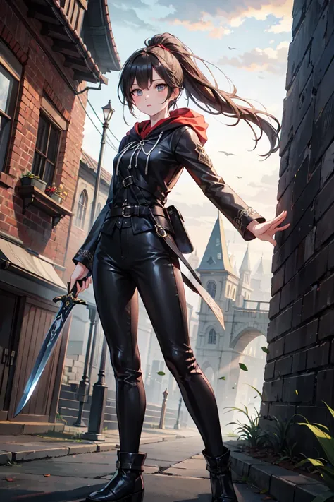 (top quality, 4K, masterpiece :1.3),  double eyelid, 1 cute young beautiful asian woman shemale, dark haired, pale skin, grey eyes, asian slanted eyes, long hairs, red lips, dressed, sword sheathed, earring, black leather vampire hunter outfit, black boots...