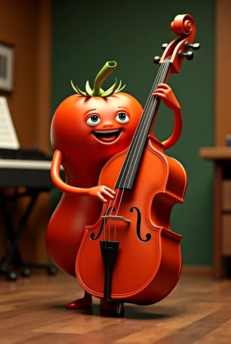 a tomato playing double bass