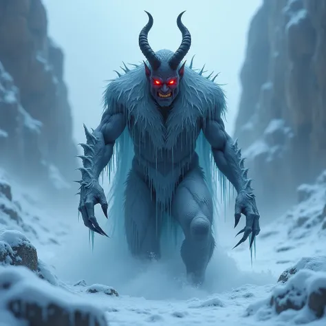 The Devil emerging from the ice, jagged icicles forming around his body. His red eyes burn with hatred, and his claws sparkle with icy sharpness