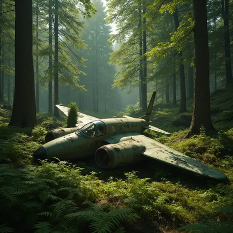 Record an image of a forest ,  with a lost Damujo aircraft 