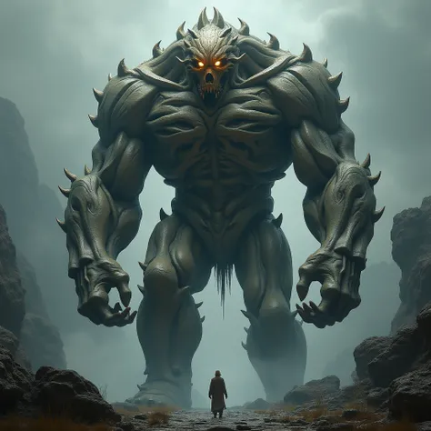 Giant Titan,  with a body made of bones and bright blond eyes. Robust and beastly body 