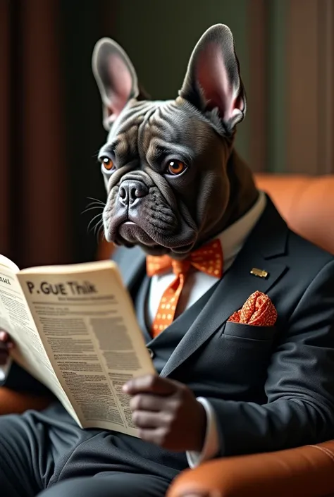 A French bulldog in a charcoal gray suit with a colorful pocket square, reading a newspaper.
