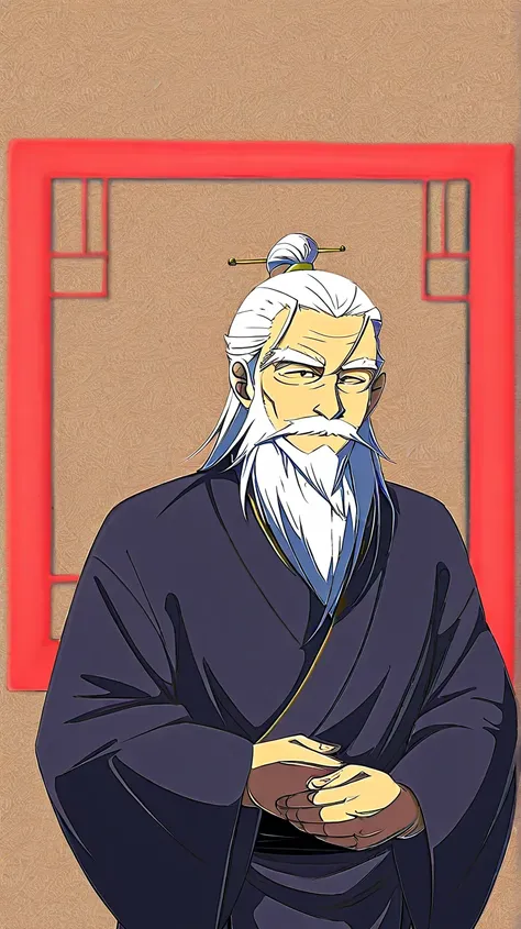 An anime-style illustration of Confucius talking to a  boy on the street, Confucius is depicted as an old man with a long white beard, wearing elegant traditional Chinese robes, radiating wisdom and calmness.
