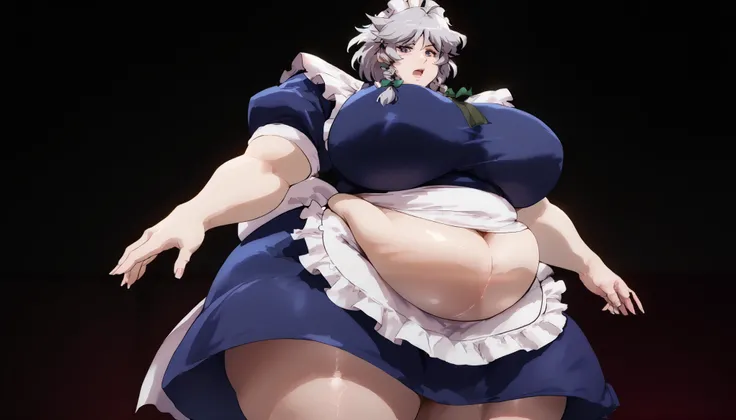 masterpiece、 best quality， very sophisticated、 pantyhose ，（from below ：1.25），Sakuya izayoi，East，alone，Maid head dress、Maid，apron，Short sleeve， dress, Gray Hair, chubby, obese, gigantic arms and legs, large breasts open mouth, sexy pose to the viewer, flirt...