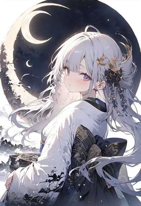  1 girl、 shortcuts、 multi colored hair(( left is white、Right is black ))、 crescent moon hair ornament、kimono、 beautiful, Intricate ink painting style ,  dreamy and fantastic work conceptual art masterpiece ,  top quality ,  super detailed 