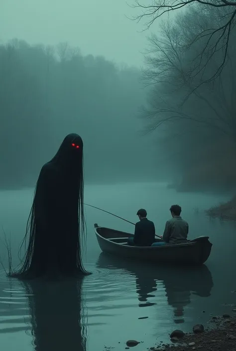 A long-haired, black-haired, red-eyed ghost poked its head up from the water next to a fisherman with two people sitting in the boat.