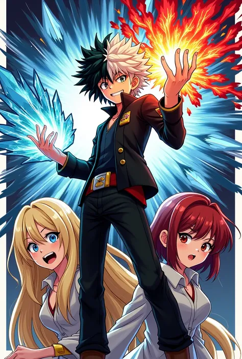  A manga style image from My Hero Academy of the characters: Shoto Todoroki, Katsuki Bakugo and Himiko toga together .