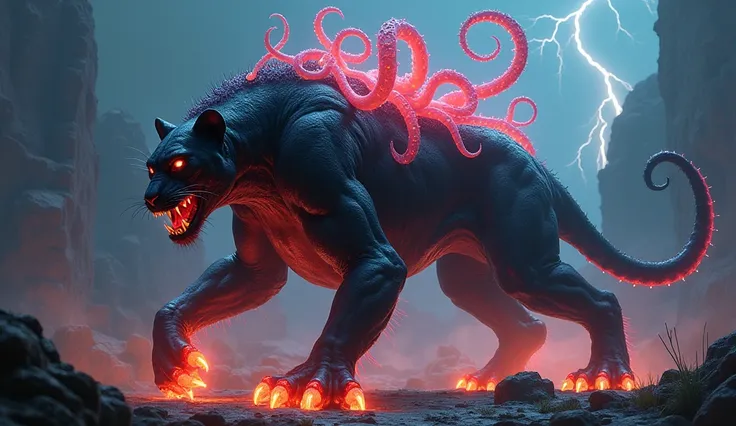 "Infernal hybrid: Panther ka sleek design, octopus ke neon glowing tentacles aur gorilla ka brute fiery strength."