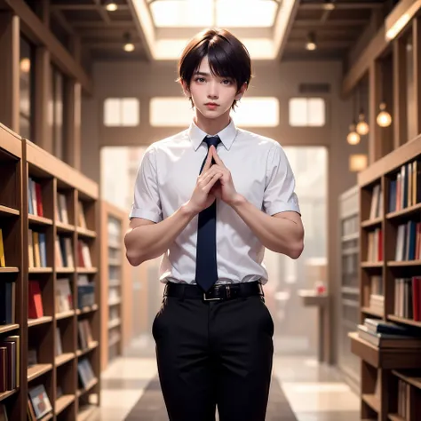 Full-body photo. A Thai male college student standing confidently. Wearing White short-sleeved collared shirt and black slacks and black belt, The dark-blue necktie has a smooth texture and is made of silk. he places their hands together in a prayer-like p...