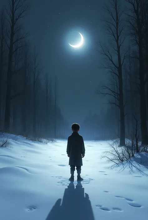 Shadow of boy in snow dark night